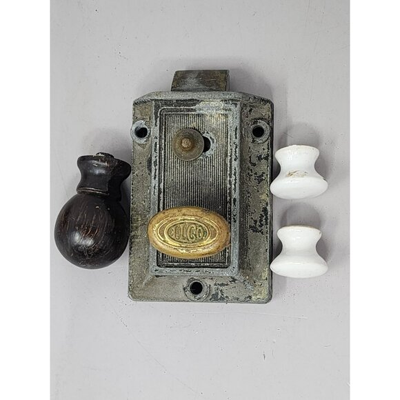 Antique ILCO Door‎ Mortise Lock Set With Brass Knob & Two Ceramic White Handles - Picture 1 of 9